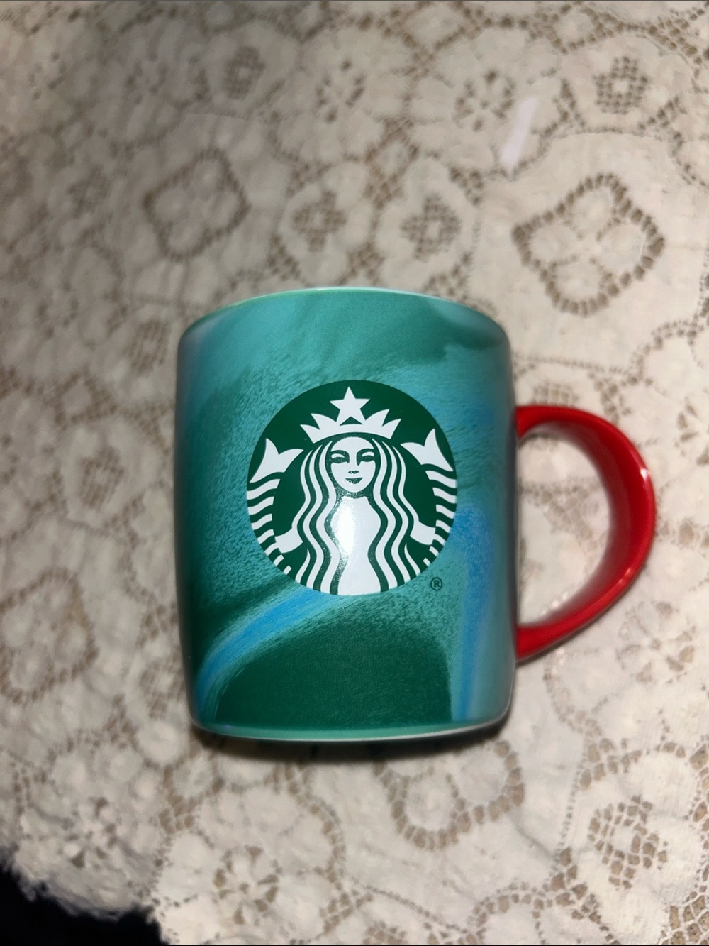 Starbucks Teal Swirl Ceramic Mug with Red Handle